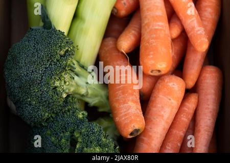 Frisches Gemüse: Brokkoli, Karotten und Lauch Stockfoto