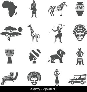 Afrika schwarz weiß Symbole mit afrikanischen Menschen und Tiere flach isoliert Vektor-Illustration gesetzt Stock Vektor