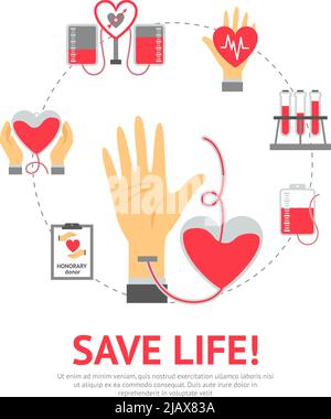 Spenderflachkonzept mit Symbolen für Blutspende und Transfusionsverfahren zur Vektordarstellung Stock Vektor