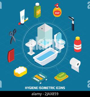 Isometrische Symbole für Hygiene mit Vektorgrafik für Badezimmerausstattung und Toilettenartikel Stock Vektor