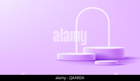 3D Render Komposition aus zylinderförmigem Podium und Bogen in violett-rosa Farben, drei leeren Plattformen. Vektorgrafik Stock Vektor