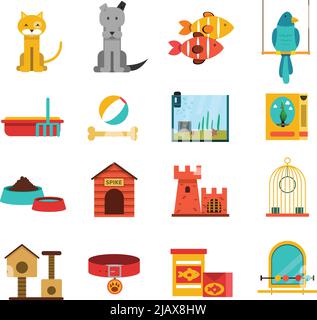 Haustiere flache Symbole mit Katze Hund Fische und Vogel isoliert Vektor-Illustration gesetzt Stock Vektor