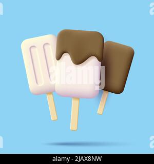 Vanille- und Schokoladeneis 3D Darstellung auf blauem Hintergrund. Vektorgrafik Stock Vektor