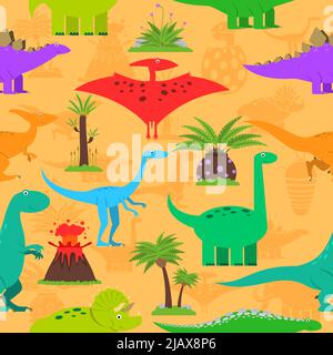 Dinosaurier prähistorischen Pflanzen und Vulkanausbruch nahtlose Muster Vektor-Illustration Stock Vektor