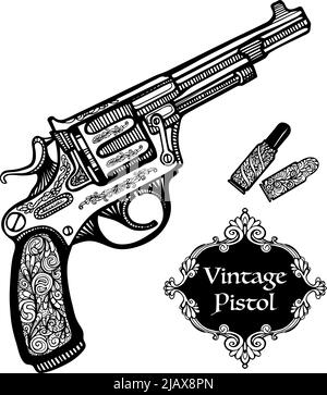 Handgezeichnete Retro-Pistolen im Vintage-Stil mit isolierten Vektorgrafiken von Patronen Stock Vektor
