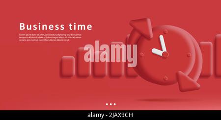 Rotes Webbanner mit monochromem Balkendiagramm und 3D Uhr mit Pfeilen-Symbol. Vektorgrafik Stock Vektor