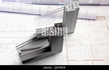 Fenster und Türen aus PVC-Glas, Querschnitt aus Aluminiumprofil, offene und geschlossene Rahmen auf Blaupause-Zeichnung. Herstellung Design Büro. 3D Rendern Stockfoto