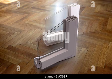 Fenster und Türen aus PVC-Glas, Querschnitt aus Aluminiumprofil, offene und geschlossene Rahmen auf dem Hausboden. Innenarchitektur-Design.3D Render Stockfoto