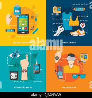 Smart-Technologie-Set für Gesundheit Fitness Virtual Reality tragbare Technologie Vektor-Illustration Stock Vektor