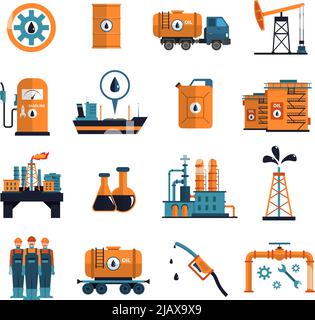 Ölsymbole mit Benzin- und Benzinsymbolen, flache isolierte Vektorgrafik Stock Vektor