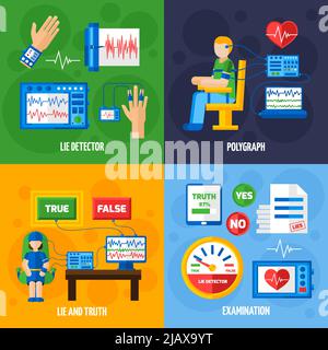Farbe flache Zusammensetzung Darstellung Methode der Erkennung von Wahrheit oder Lüge durch Polygraph Untersuchung und testet Vektor-Illustration Stock Vektor