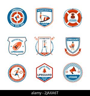 Strand Rettungsschwimmer Patrouille Embleme mit Meer Rettung Symbole flach isoliert Vektor-Illustration gesetzt Stock Vektor