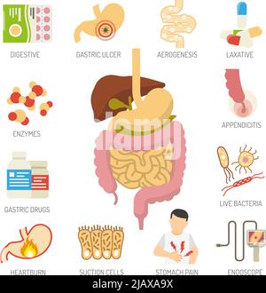 Symbole des Verdauungssystems mit Gesundheitsprobleme Symbole flach isoliert Vektor-Illustration gesetzt Stock Vektor