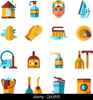 Housekeeping Zubehör und Geräte Reinigung Waschen Bügeln flache Symbole auf weißem Hintergrund abstrakt isoliert Vektor-Illustration gesetzt Stock Vektor