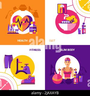 Fitness 2x2 flaches Design-Konzept-Set mit Symbolen für gesunde Ernährung Wellness Ernährung Fitnessgeräte und Übungen für schlanke Körper Vektor-Illustration Stock Vektor