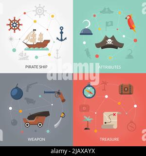 Pirate Design Konzept Set mit Schiff Waffe und Schatz flache Symbole isoliert Vektor-Illustration Stock Vektor