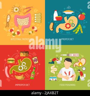 Verdauungskonzept Symbole mit Darm-Mikroflora und richtige Ernährung Symbole flach isoliert Vektor-Illustration gesetzt Stock Vektor