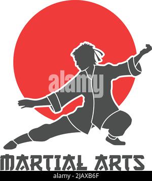 Martial Arts-Logo im japanischen Design mit Sonne und Kimono-Vektor-Illustration Stock Vektor