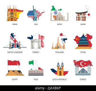 Größte Wahrzeichen der Welt mit Staatsflaggen und Nationalfarben flache Piktogramme Sammlung abstrakt isoliert Vektor-Illustration Stock Vektor