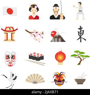 Japan-Symbole mit Sushi-Bergen und Drachen-Symbole flach isoliert Vektor-Illustration gesetzt Stock Vektor