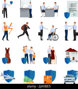Dienstleistungen der Versicherungsgesellschaft Symbole mit Politik Verhandlungen Sicherheit der Gesundheit und Eigentum isoliert Vektor-Illustration gesetzt Stock Vektor