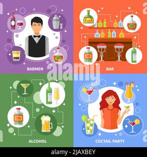 Bar Konzept 4 flache Symbole quadratische Zusammensetzung Banner mit Barkeeper serviert Alkohol Cocktails abstrakt isoliert Vektor-Illustration Stock Vektor