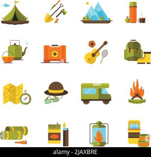 Camping und Wandern Abenteuer flache Symbole mit Camper Gitarre und Lagerfeuer Piktogramme abstrakt isoliert Vektor-Illustration gesetzt Stock Vektor