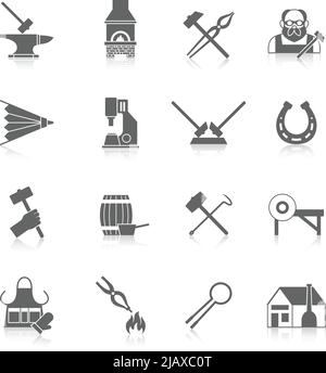 Blacksmith schwarzes Icon-Set mit Metallschweißen und Formwerkzeugen isoliert Vektor-Illustration Stock Vektor