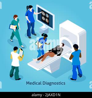 Patient auf einem Empfang mit medizinischen Geräten beim Arzt isometrische Zusammensetzung Symbole setzen Vektor-Illustration Stock Vektor