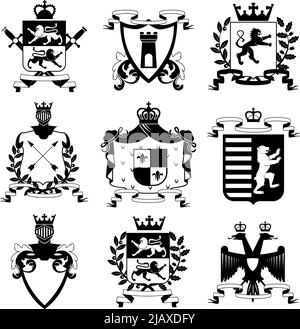 Wappenschild Familienwappen und Schilde Embleme Design schwarze Ikonen Kollektion abstrakte isolierte Vektor-Illustration Stock Vektor