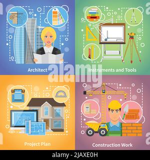 Architekt 2x2 Design-Konzept Satz von Projektplan Entwurfstools und Bau arbeiten Ikonen Kompositionen flache Vektor-Illustration Stock Vektor