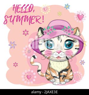 Cartoon-Katze in einem Hut mit Blumen. Sommer, Urlaub. Nettes Kind Charakter, Symbol des neuen chinesischen Jahres 2023. Stock Vektor