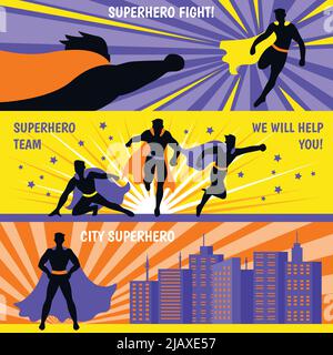 Horizontale Banner des Superhelden-Teams, die mit fliegenden Comic-Figuren ausgestattet sind, um flache, isolierte Vektorgrafiken zu unterstützen Stock Vektor