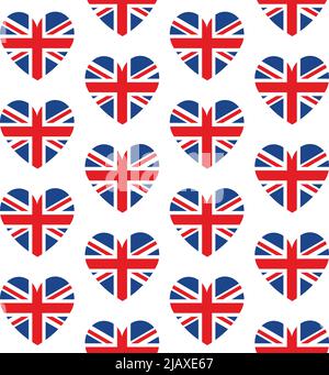 Vektor nahtloses Muster von flachen herzförmigen Großbritannien Flagge isoliert auf weißem Hintergrund Stock Vektor