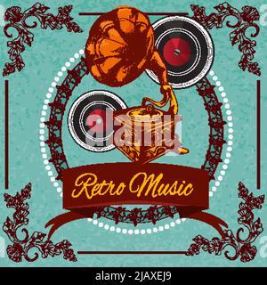 Retro-Musik-Poster mit Vinyl-Grammophon und floralen Ornament Skizze Vektor-Illustration Stock Vektor