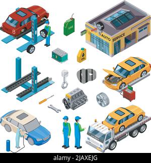 Car Service isometrische dekorative Symbole Set mit Werkstatt Abschleppwagen Wagenheber Mechaniker Werkzeuge für die Reparatur und arbeiten Mitarbeiter Vektor Illustration Stock Vektor