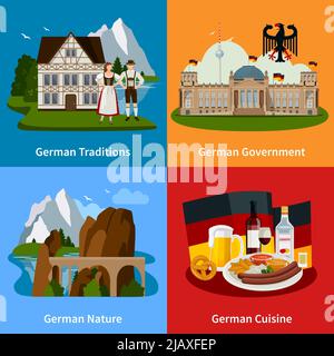 Deutschland Reise-Wohnung Konzept mit kulturellen Traditionen Essen architektonische Gebäude schöne Landschaften Vektor-Illustration Stock Vektor