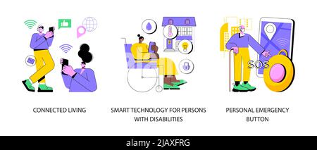 Intelligente Geräte abstraktes Konzept Vektor Illustration Set. Vernetztes Leben, intelligente Technologie für Menschen mit Behinderungen, persönlicher Notrufschalter, abstrakte Metapher für IoT-Technologie-Netzwerk. Stock Vektor