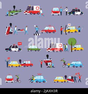 Symbole für Verkehrsunfälle, die mit flachen, isolierten Vektorgrafiken für Autounfälle gesetzt sind Stock Vektor