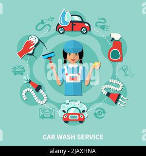 Auto waschen Service rund Zusammensetzung mit Arbeiter Charakter Waschmittel und professionelle Reinigungswerkzeuge flache Bilder Vektorgrafik Stock Vektor