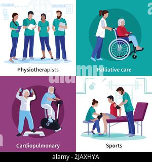 Physiotherapie Cardio-Rehabilitation Übungen und Palliativpflegegeräte 4 flache Symbole quadratische Banner isoliert Vektor-Illustration Stock Vektor