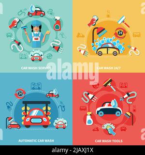 Vier quadratische Auto waschen 24/7 bunte Kompositionen mit Cartoon-Autos Reinigungsmittel und Werkzeuge Bilder Vektor-Illustration Stock Vektor
