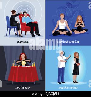 Vier quadratische Hypnose extrasensory Symbol mit spiritueller Praxis Soothsayer physikalischer Heiler Beschreibungen Vektor-Illustration gesetzt Stock Vektor