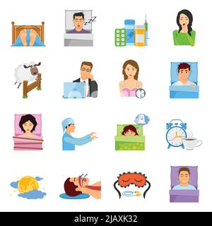 Schlafstörungen dekorative Symbole mit Comic-Figuren von leidenden Menschen Schlafmaske Alarm und Medikation Vektor Illustration gesetzt Stock Vektor