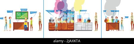 Satz von lustigen Comics Kompositionen mit Studenten Charaktere im chemischen Labor nicht durchführen Experiment Vektor Illustration Stock Vektor