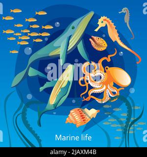 Ozean Unterwasser Leben Hintergrund. Sea Underwater Life Vektorgrafik. Unterwasserwelt-Design. Unterwasserleben Cartoon Dekorative Symbole. Stock Vektor