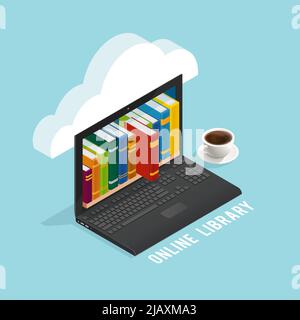 Online-Bibliothek isometrisches Design mit Büchern auf Laptop-Bildschirm Kaffeetasse Wolke auf blauem Hintergrund Vektor-Illustration Stock Vektor