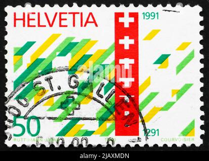 SCHWEIZ - UM 1990: Eine in der Schweiz gedruckte Briefmarke zeigt Briefmarke Schweizerische Eidgenossenschaft, 700.. Jahrestag, um 1990 Stockfoto