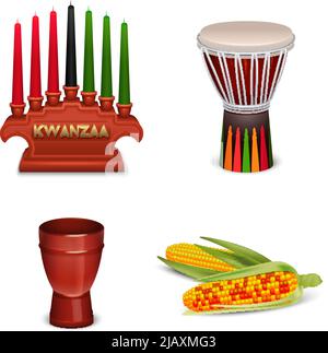 Kwanzaa Feiertagsfeiern 4 grundlegende kulturelle Symbole quadratische Zusammensetzung mit Mais und Kerzenhalter isoliert Vektor-Illustration Stock Vektor