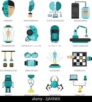 Farbige künstliche Intelligenz Icon Set mit Biorobot isoliert Gehirn Teleportation Hologramm und andere Technologien Vektor-Illustration Stock Vektor